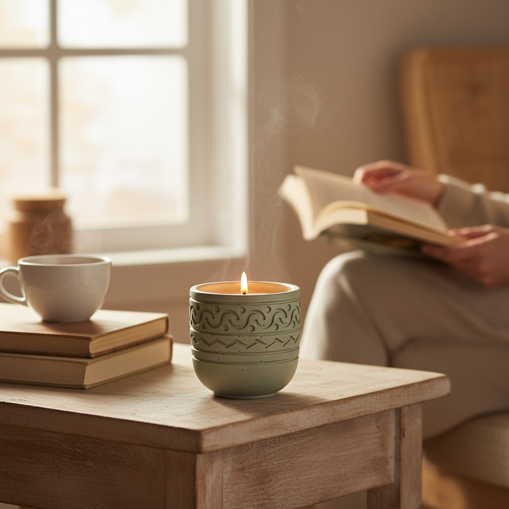 Forest Calm Candle burning on a wood side table while a lady is reading in the background