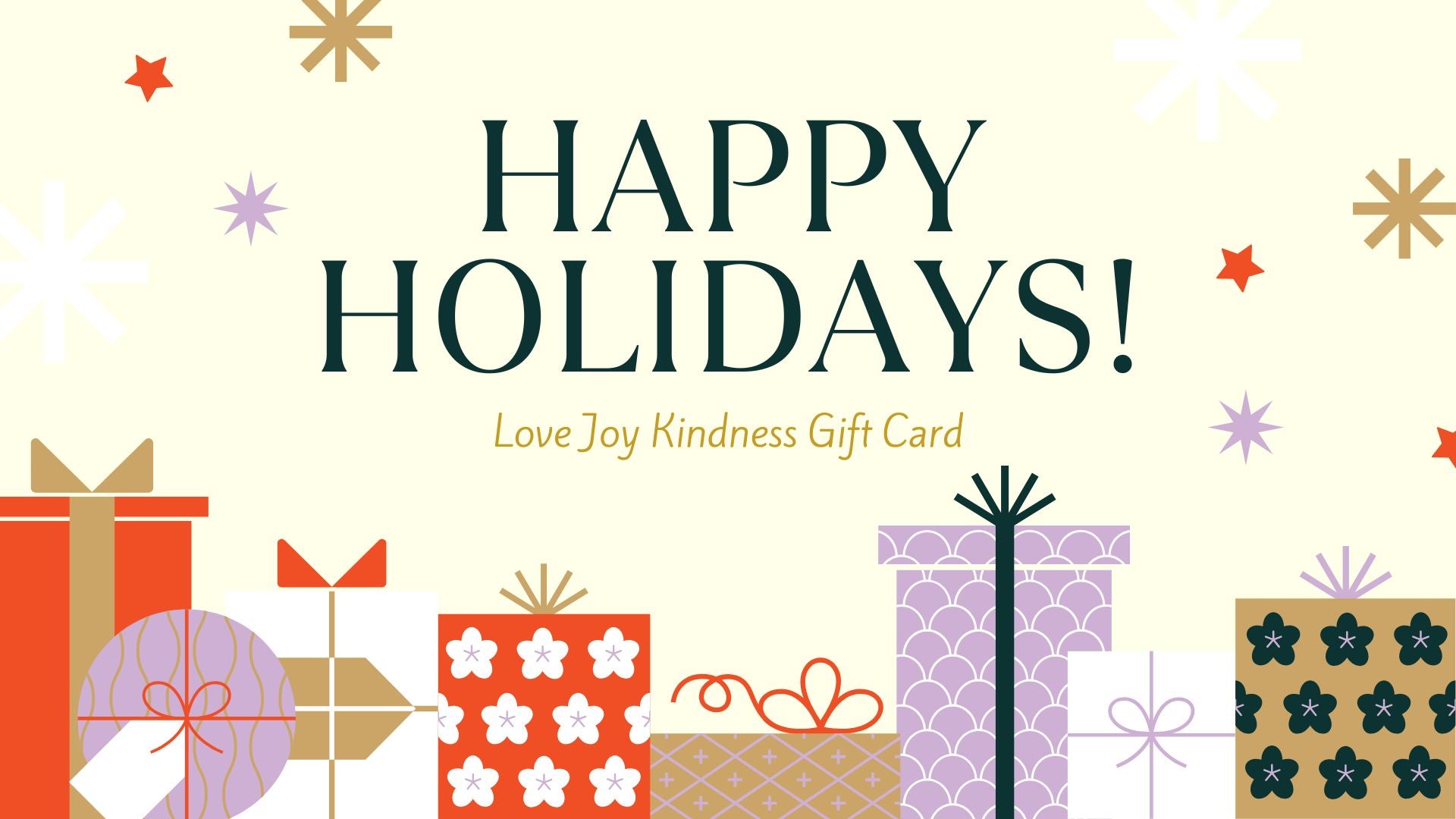 Happy Holidays gift card design with colorful presents and festive text on a light background.