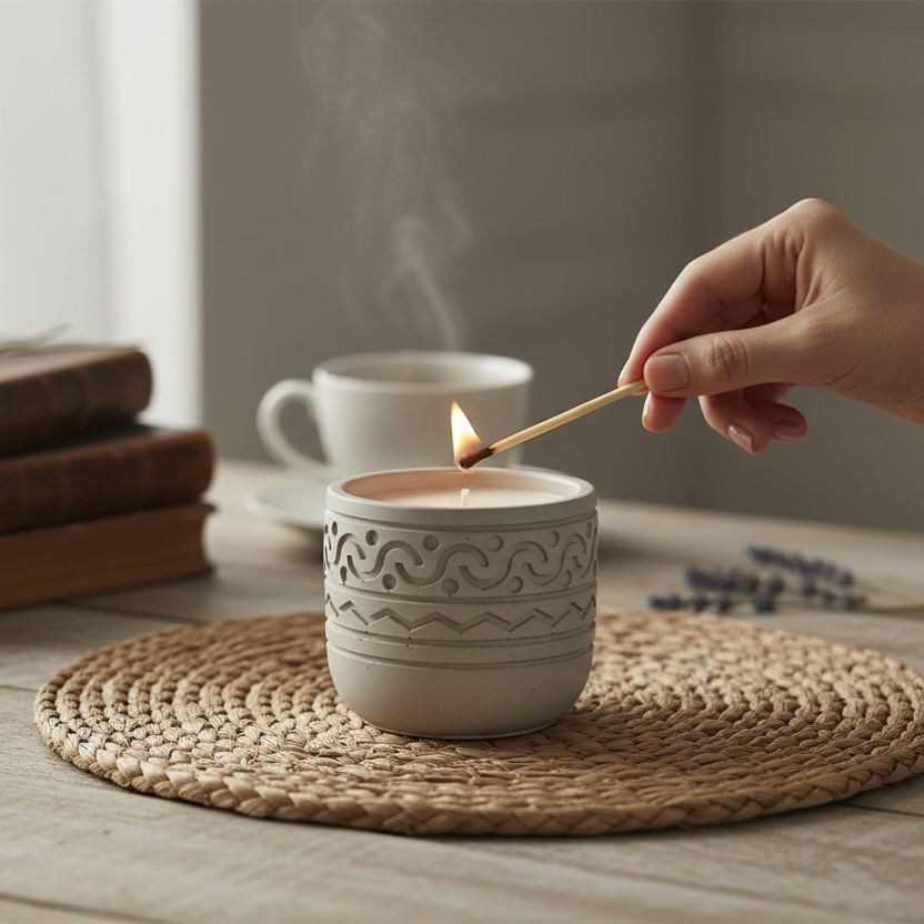 Candle being lit with a match on a wooden table with books and a cup in the background