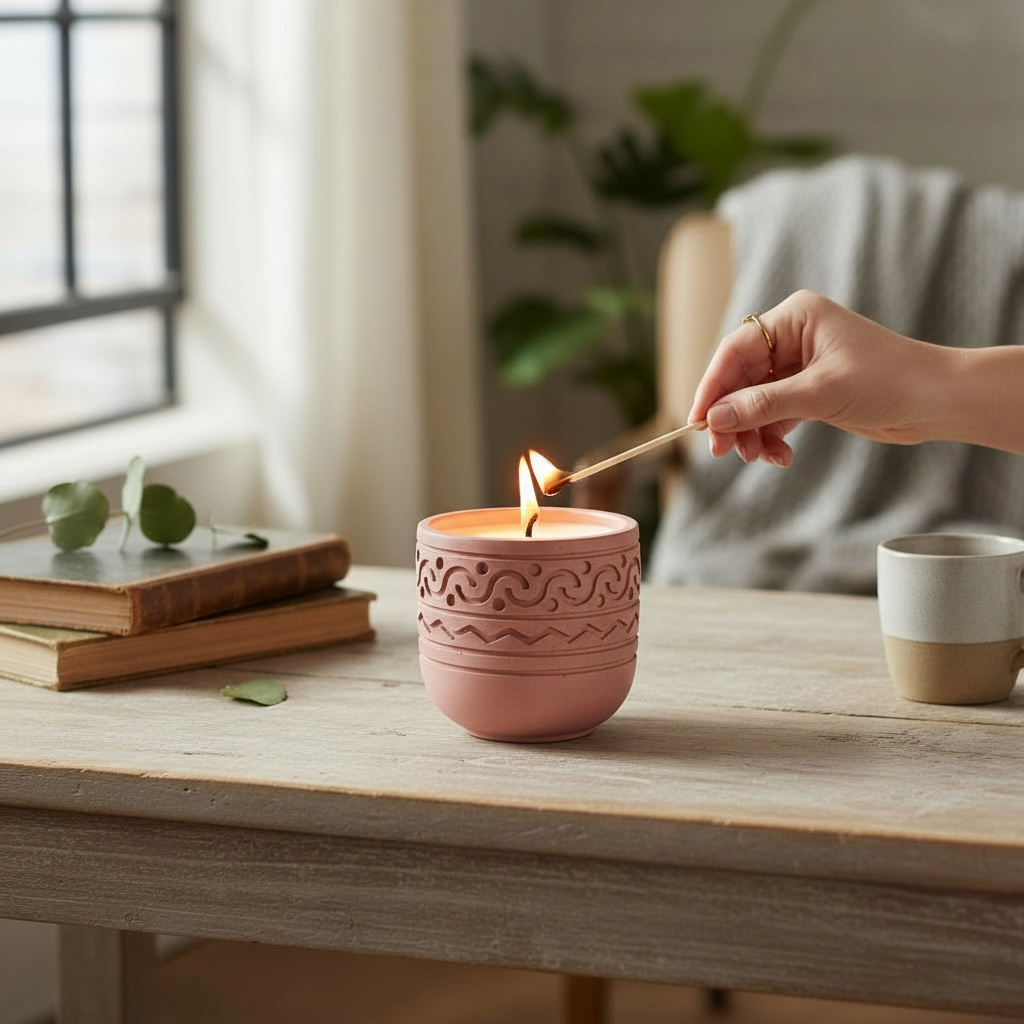 Rosewood Candle lit on a wood table