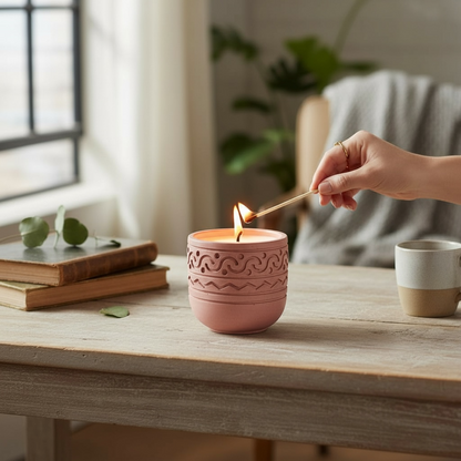Rosewood Candle lit on a wood table