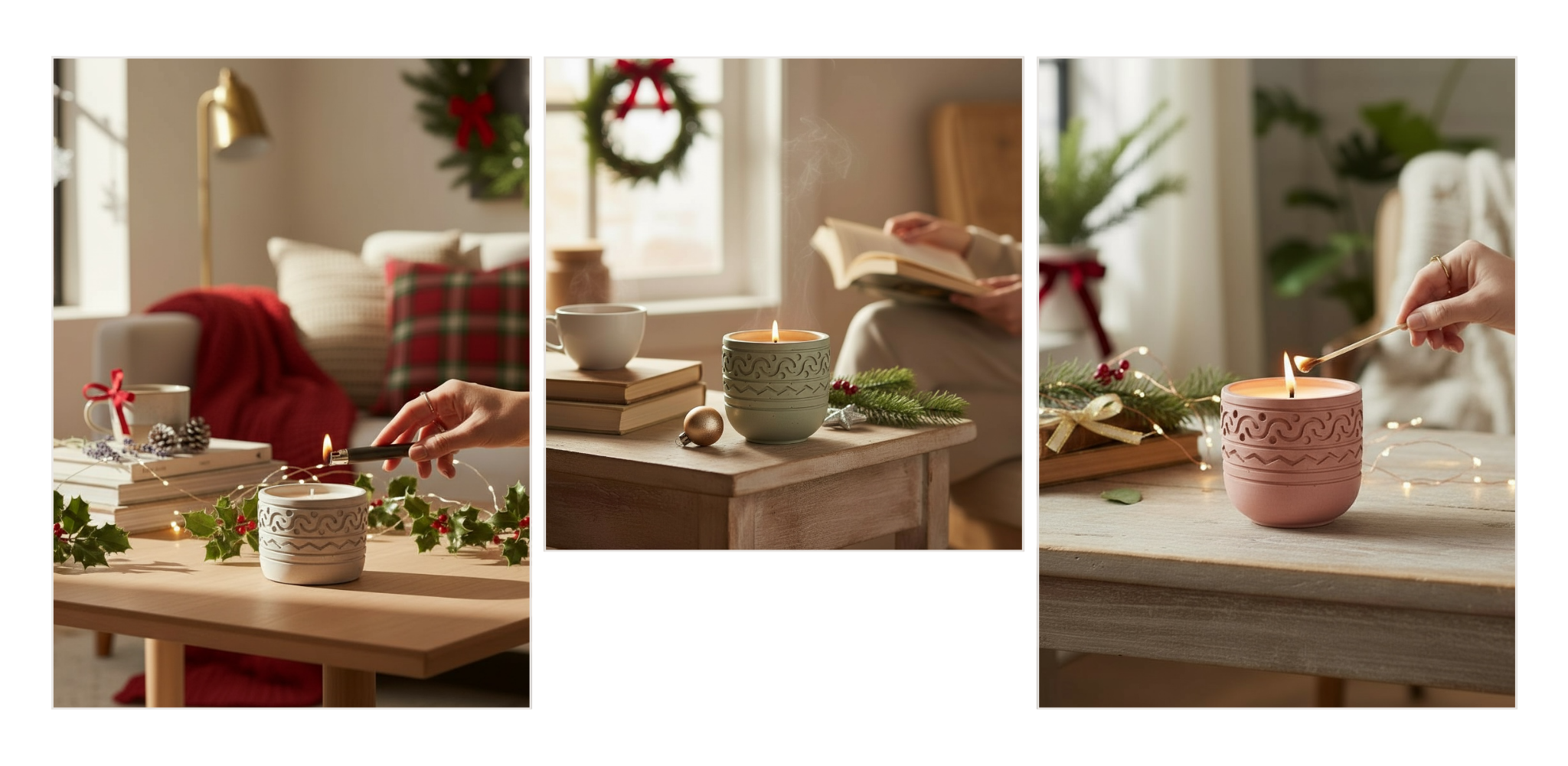 Collage of people lighting candles in a cozy living room setting with festive decorations.
